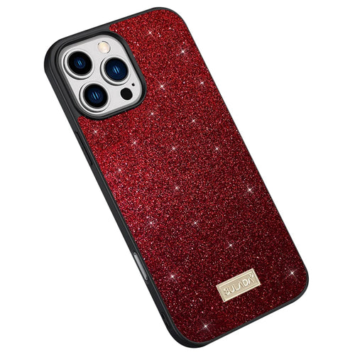 SULADA For iPhone 16 Pro Case PU Leather+PC+TPU Glitter Sequins Back Phone Cover - Red - 1