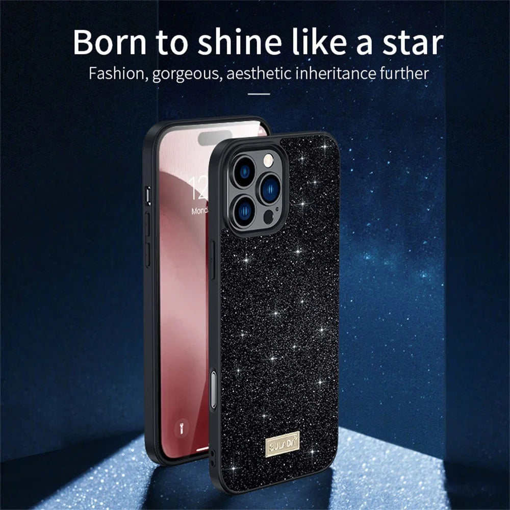 SULADA For iPhone 16 Pro Case PU Leather+PC+TPU Glitter Sequins Back Phone Cover - Red - 2