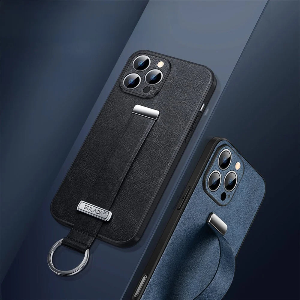 SULADA Fashion Series for iPhone 16 Pro Case Wristband Kickstand Leather Back Phone Cover - Blue - 6