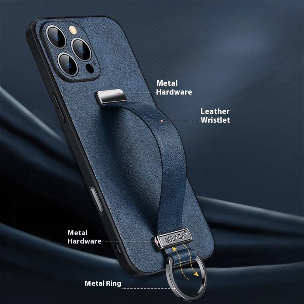 SULADA Fashion Series for iPhone 16 Pro Max Case Wristband Kickstand Leather Back Phone Cover - Blue - 4