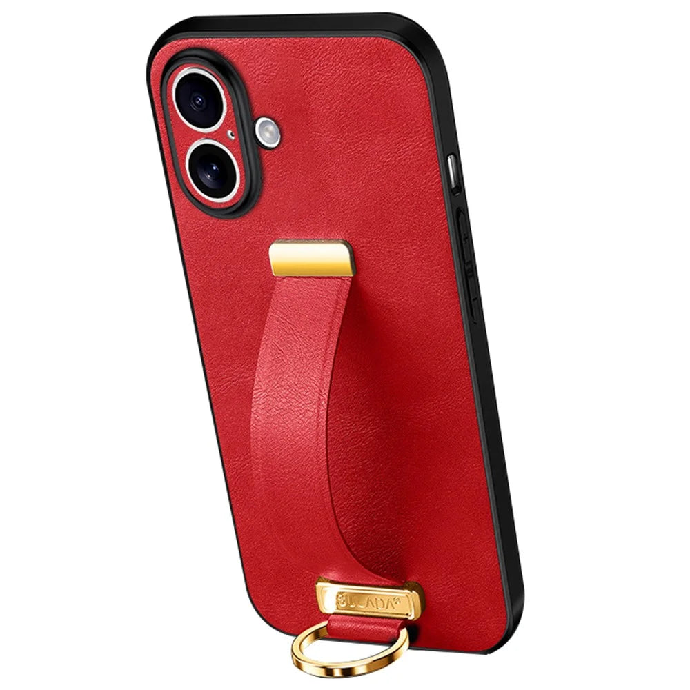 SULADA Fashion Series for iPhone 16 Plus Case Wristband Kickstand Leather Back Phone Cover - Red - 1