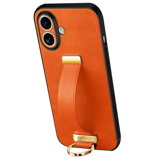 SULADA Fashion Series for iPhone 16 Case Wristband Kickstand Leather Back Phone Cover - Orange - 1