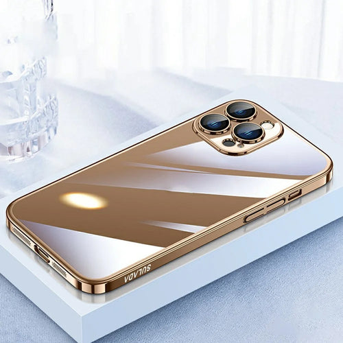 SULADA JINGJIA Series For iPhone 16 Pro Max Clear Case Electroplating Hard PC Phone Case with Lens Film - Gold - 1