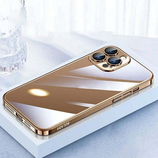 SULADA JINGJIA Series For iPhone 16 Pro Max Clear Case Electroplating Hard PC Phone Case with Lens Film - Gold - 1