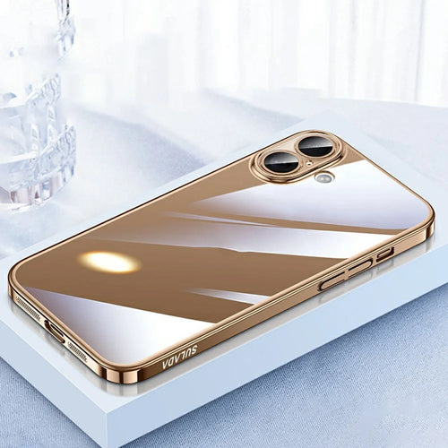 SULADA JINGJIA Series For iPhone 16 Case Electroplating Hard PC Clear Phone Case with Lens Film - Gold - 1