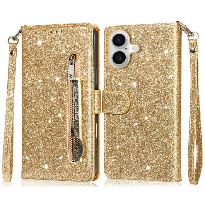 For iPhone 16 Stand Case Glitter Phone Leather Cover Zipper Pocket - Gold - 1