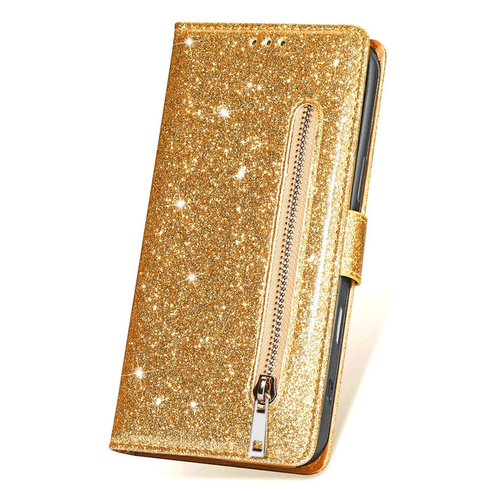 For iPhone 16 Stand Case Glitter Phone Leather Cover Zipper Pocket - Gold - 4