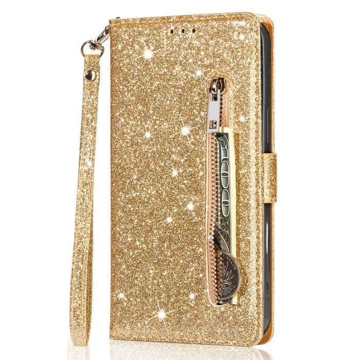 For iPhone 16 Stand Case Glitter Phone Leather Cover Zipper Pocket - Gold - 5