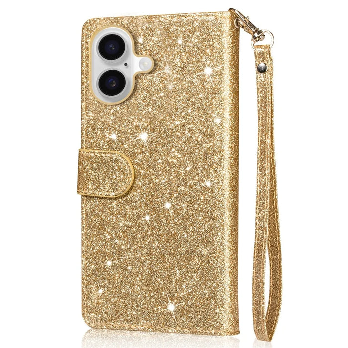 For iPhone 16 Stand Case Glitter Phone Leather Cover Zipper Pocket - Gold - 6