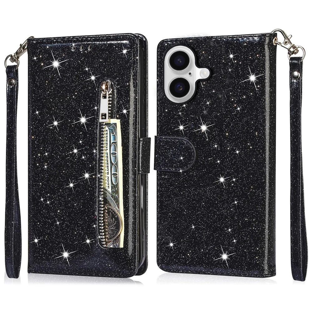 For iPhone 16 Plus Stand Case Glitter Phone Leather Cover Zipper Pocket - Black - 1