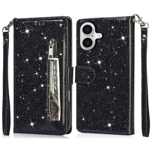 For iPhone 16 Plus Stand Case Glitter Phone Leather Cover Zipper Pocket - Black - 1