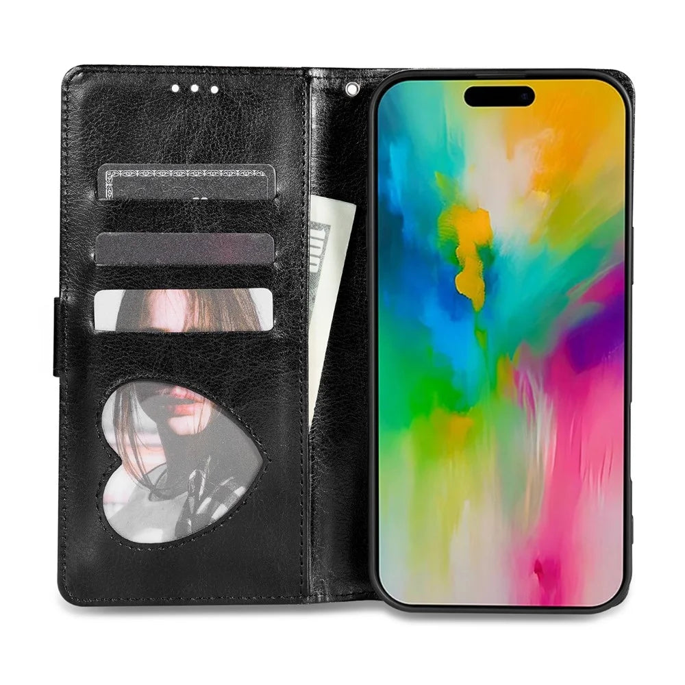 For iPhone 16 Plus Stand Case Glitter Phone Leather Cover Zipper Pocket - Black - 3