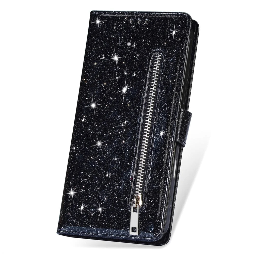 For iPhone 16 Plus Stand Case Glitter Phone Leather Cover Zipper Pocket - Black - 4