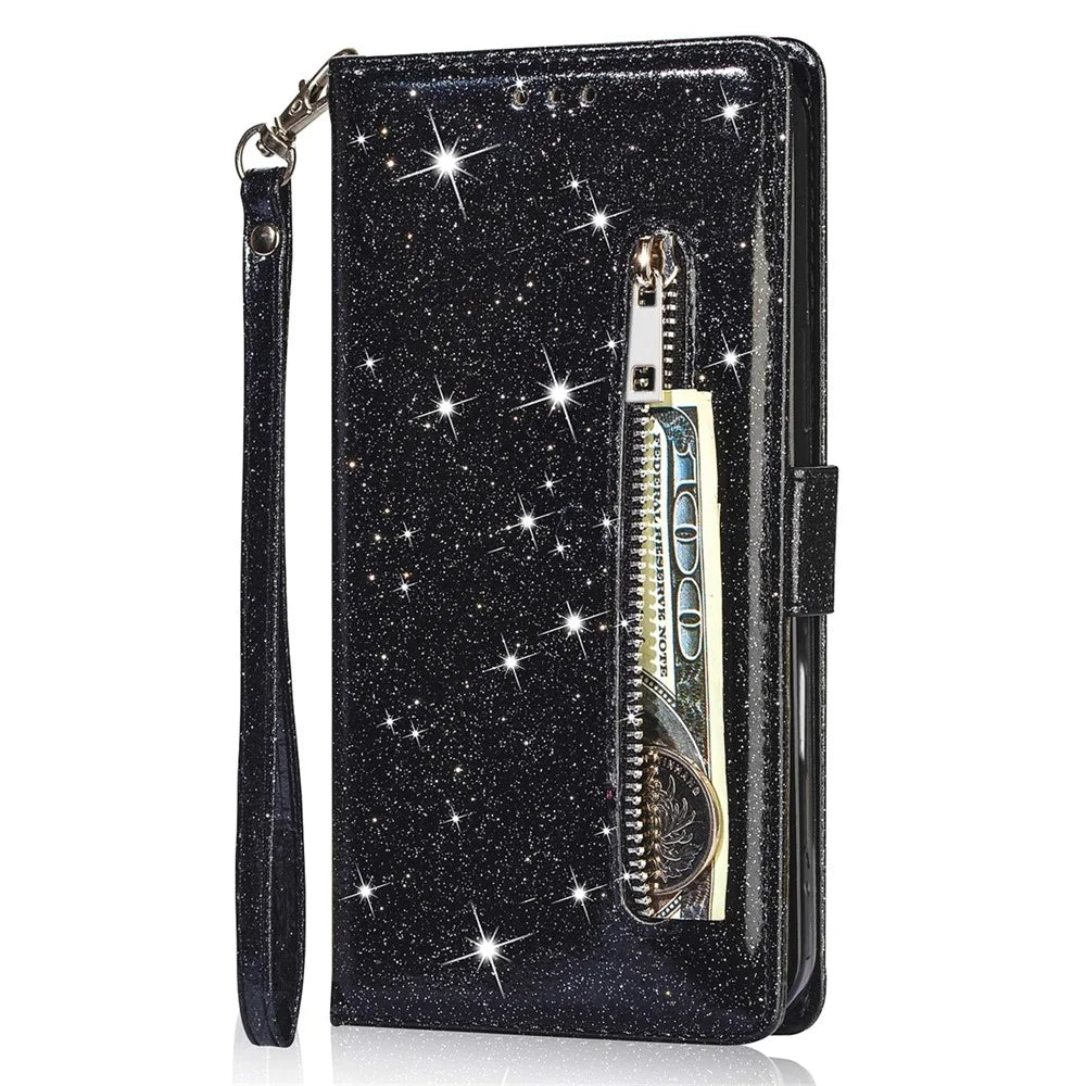 For iPhone 16 Plus Stand Case Glitter Phone Leather Cover Zipper Pocket - Black - 5