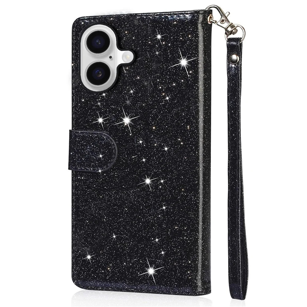 For iPhone 16 Plus Stand Case Glitter Phone Leather Cover Zipper Pocket - Black - 6