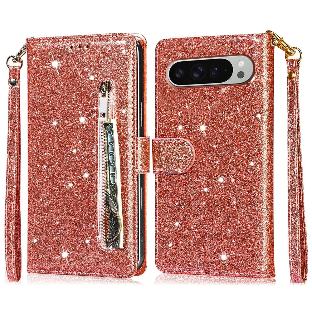 For Google Pixel 9 Pro  /  Pixel 9 Stand Case Glitter Phone Leather Cover Zipper Pocket - Rose Gold - 1