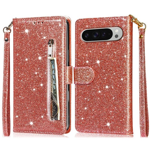 For Google Pixel 9 Pro  /  Pixel 9 Stand Case Glitter Phone Leather Cover Zipper Pocket - Rose Gold - 1
