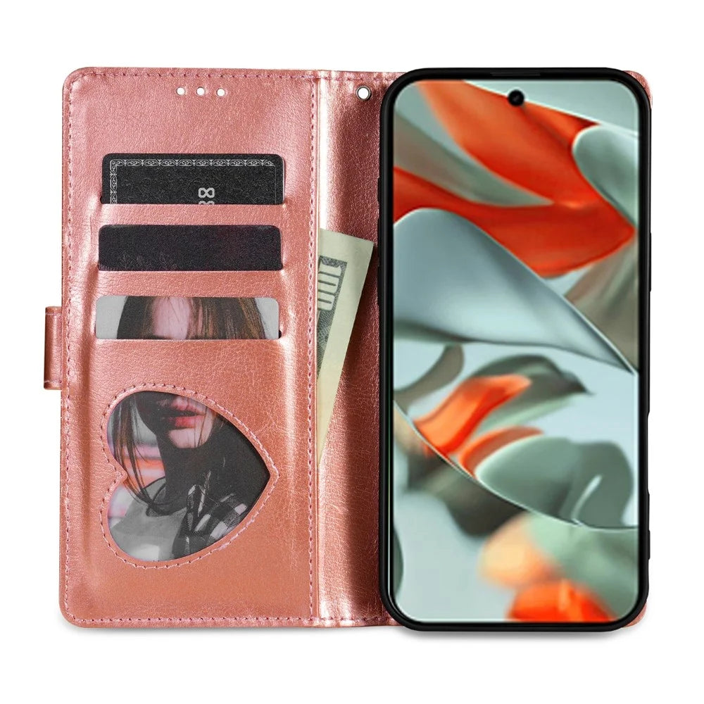 For Google Pixel 9 Pro  /  Pixel 9 Stand Case Glitter Phone Leather Cover Zipper Pocket - Rose Gold - 3