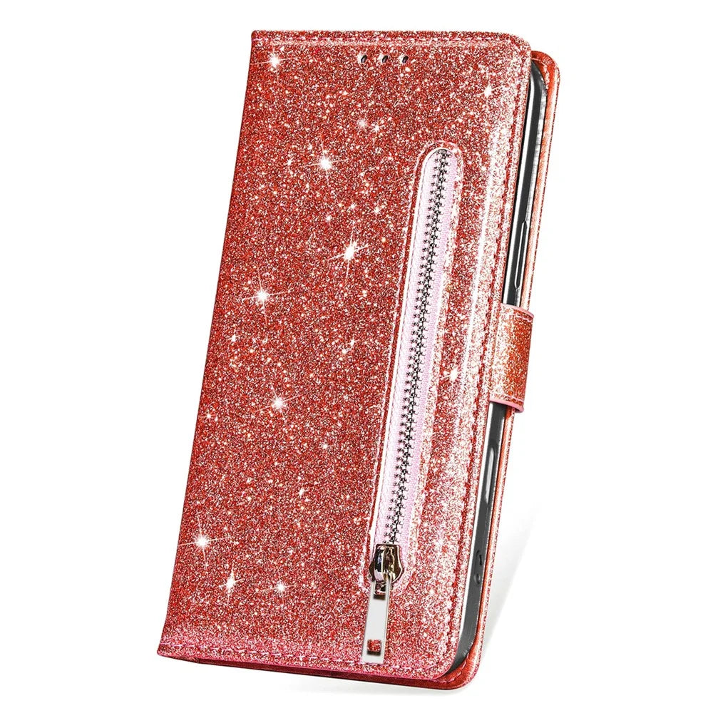 For Google Pixel 9 Pro  /  Pixel 9 Stand Case Glitter Phone Leather Cover Zipper Pocket - Rose Gold - 4
