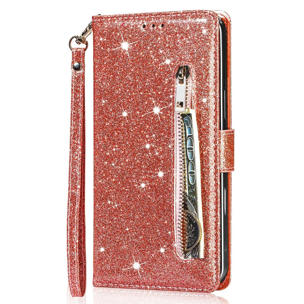 For Google Pixel 9 Pro  /  Pixel 9 Stand Case Glitter Phone Leather Cover Zipper Pocket - Rose Gold - 5