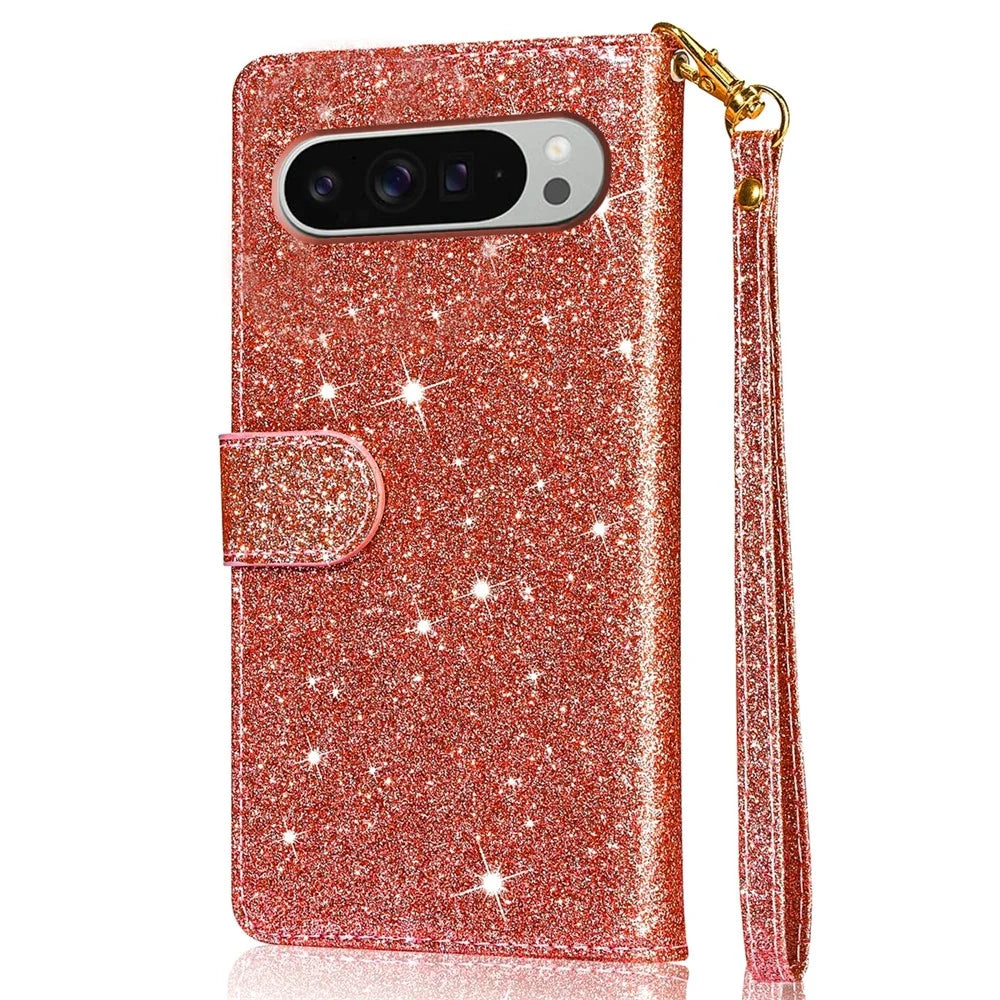 For Google Pixel 9 Pro  /  Pixel 9 Stand Case Glitter Phone Leather Cover Zipper Pocket - Rose Gold - 6