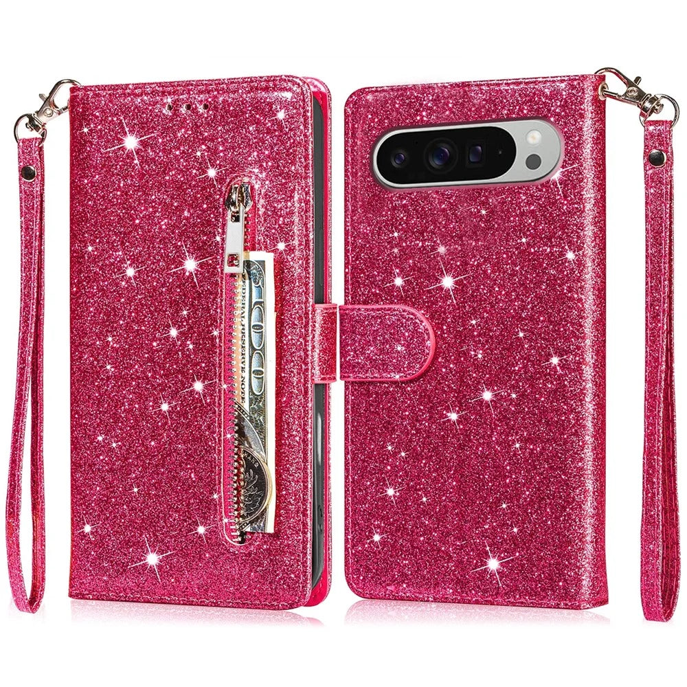 For Google Pixel 9 Pro XL Stand Case Glitter Phone Leather Cover Zipper Pocket - Rose - 1