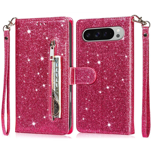 For Google Pixel 9 Pro XL Stand Case Glitter Phone Leather Cover Zipper Pocket - Rose - 1