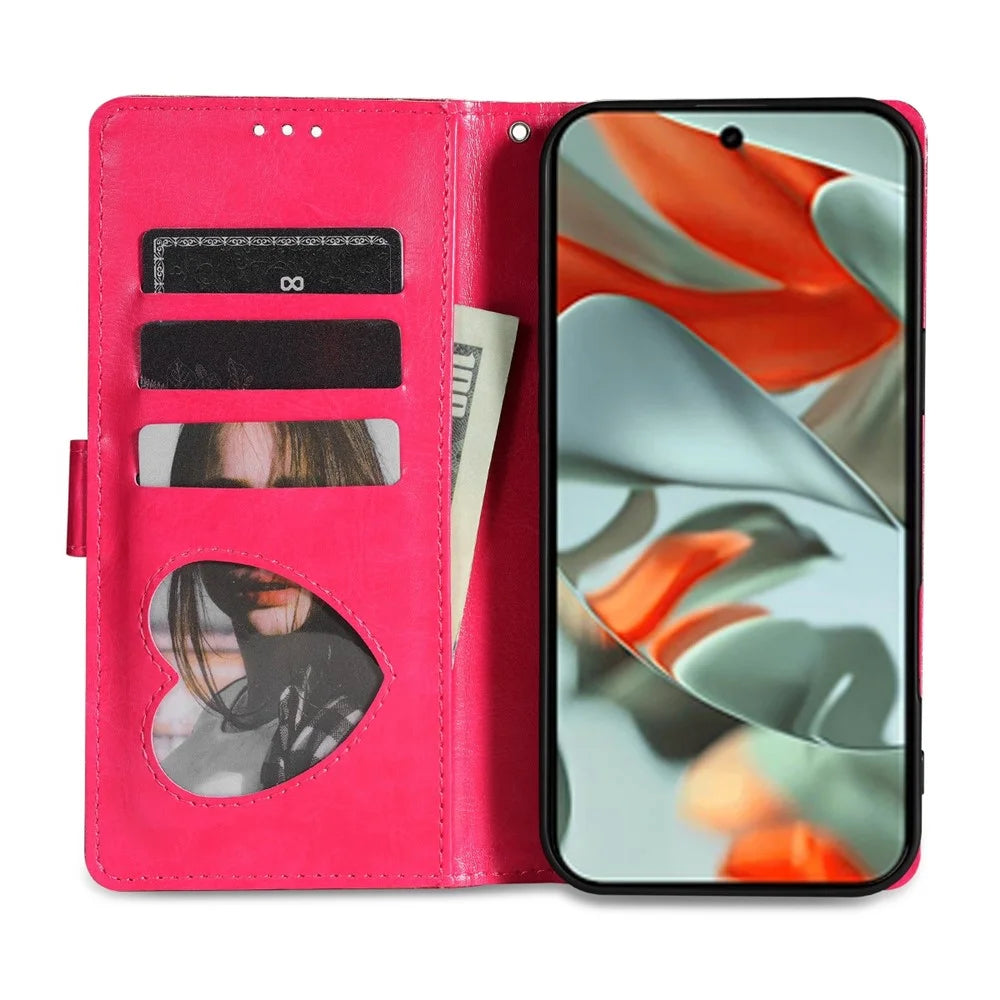 For Google Pixel 9 Pro XL Stand Case Glitter Phone Leather Cover Zipper Pocket - Rose - 3