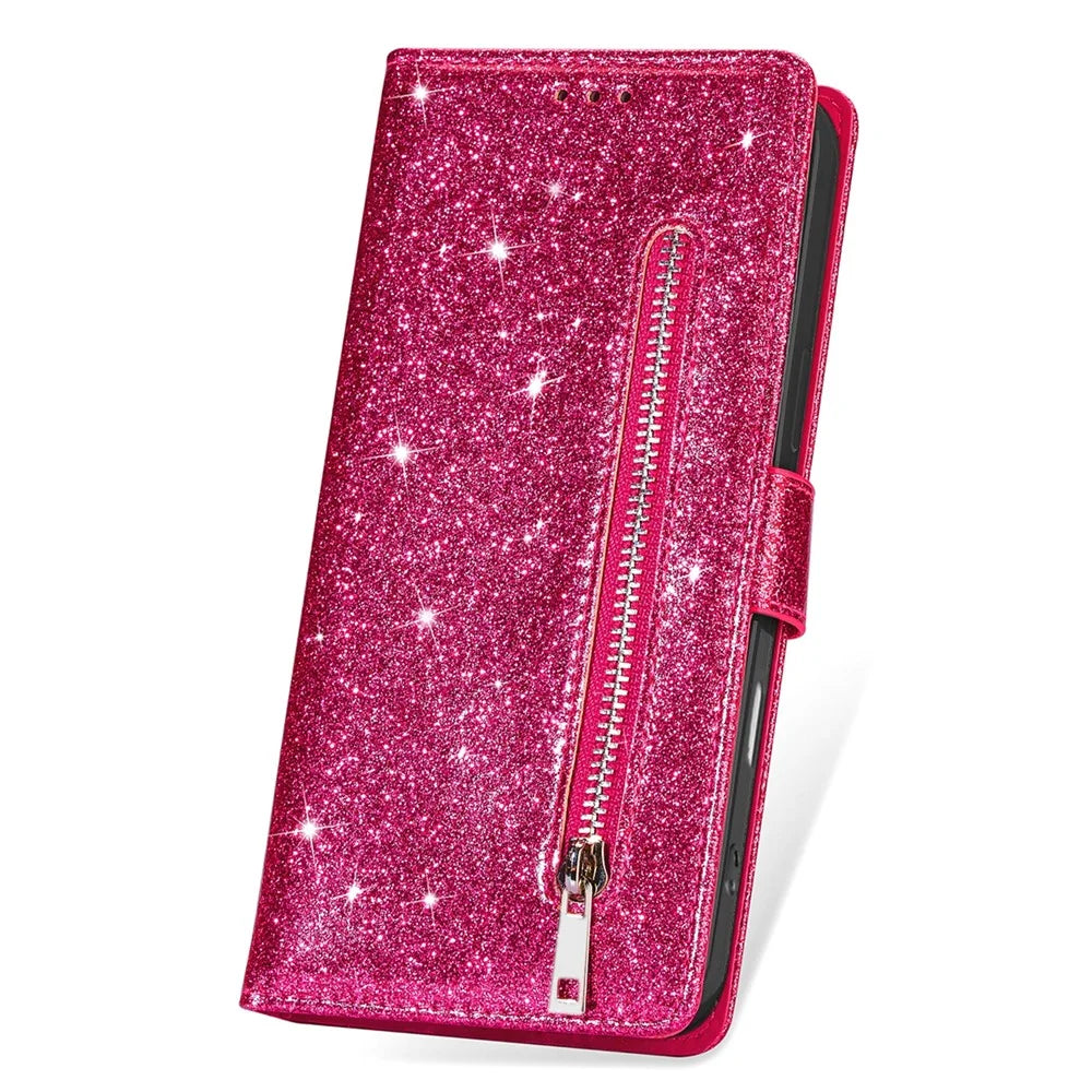 For Google Pixel 9 Pro XL Stand Case Glitter Phone Leather Cover Zipper Pocket - Rose - 4
