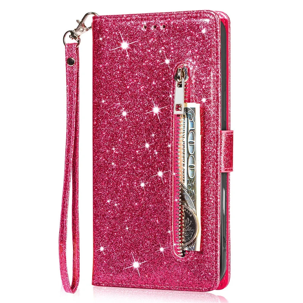 For Google Pixel 9 Pro XL Stand Case Glitter Phone Leather Cover Zipper Pocket - Rose - 5