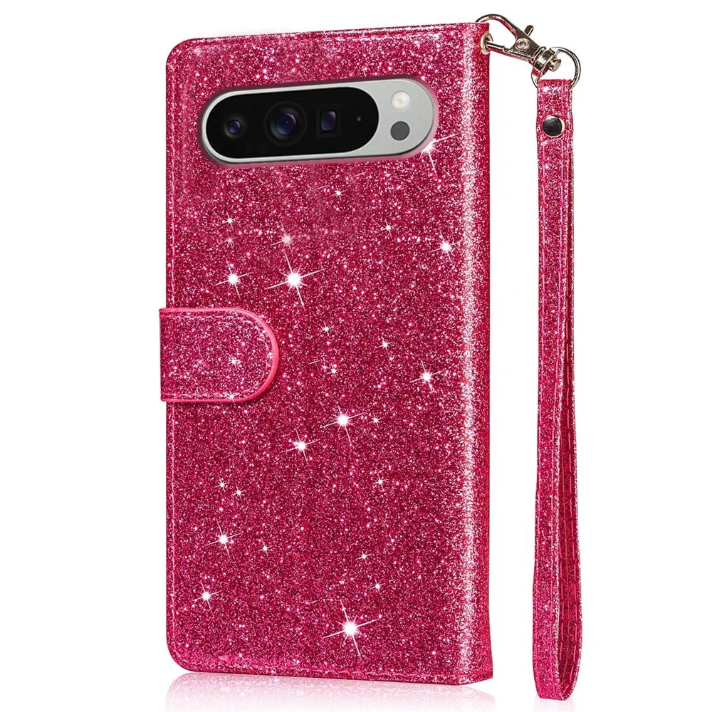 For Google Pixel 9 Pro XL Stand Case Glitter Phone Leather Cover Zipper Pocket - Rose - 6