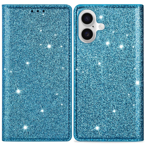 For iPhone 16 Plus Case Glittery PU Leather+TPU Card Slot Phone Cover - Blue - 1