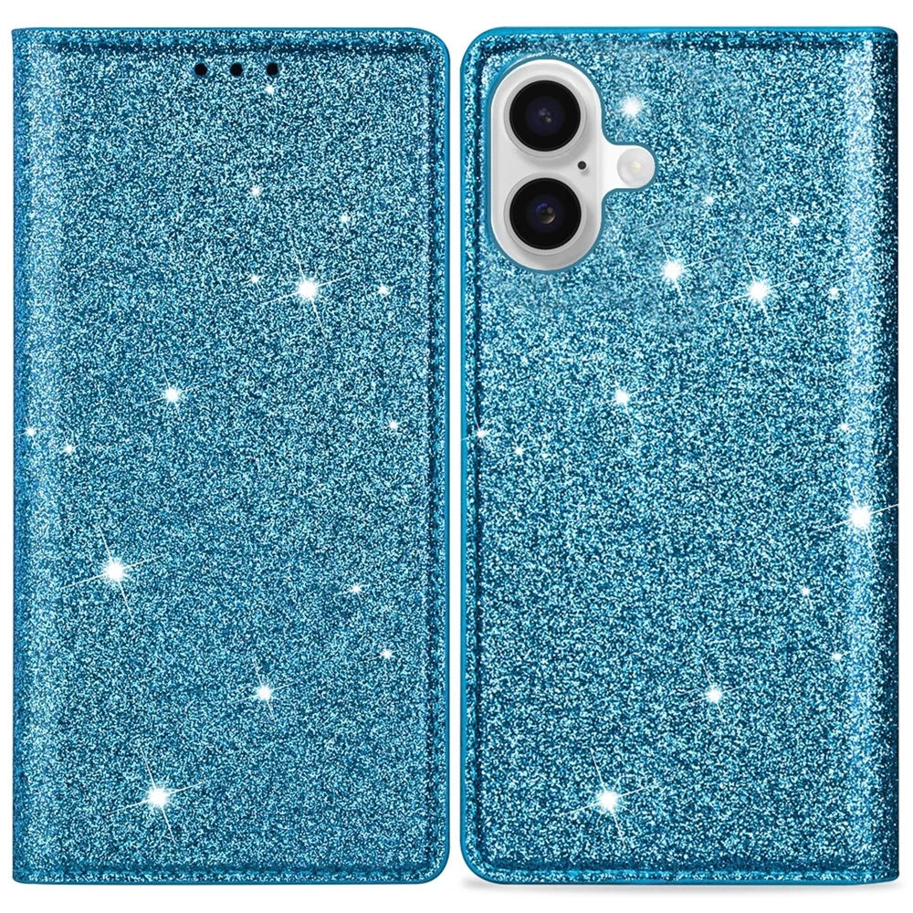 For iPhone 16 Plus Case Glittery PU Leather+TPU Card Slot Phone Cover - Blue - 1