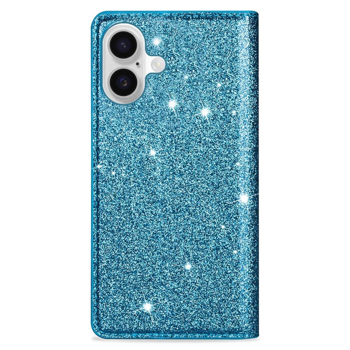 For iPhone 16 Plus Case Glittery PU Leather+TPU Card Slot Phone Cover - Blue - 6