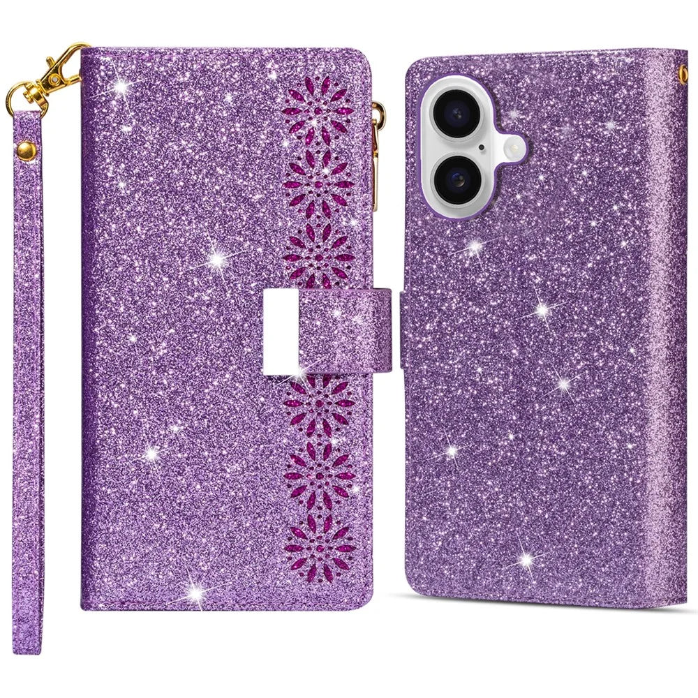 For iPhone 16 Case Starry Sky Carving Leather Wallet Phone Cover - Purple - 1