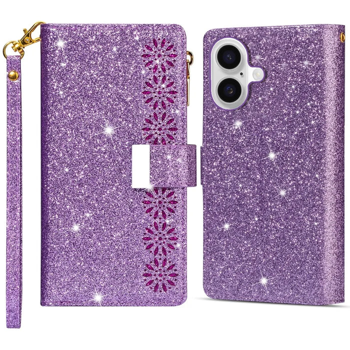 For iPhone 16 Case Starry Sky Carving Leather Wallet Phone Cover - Purple - 1
