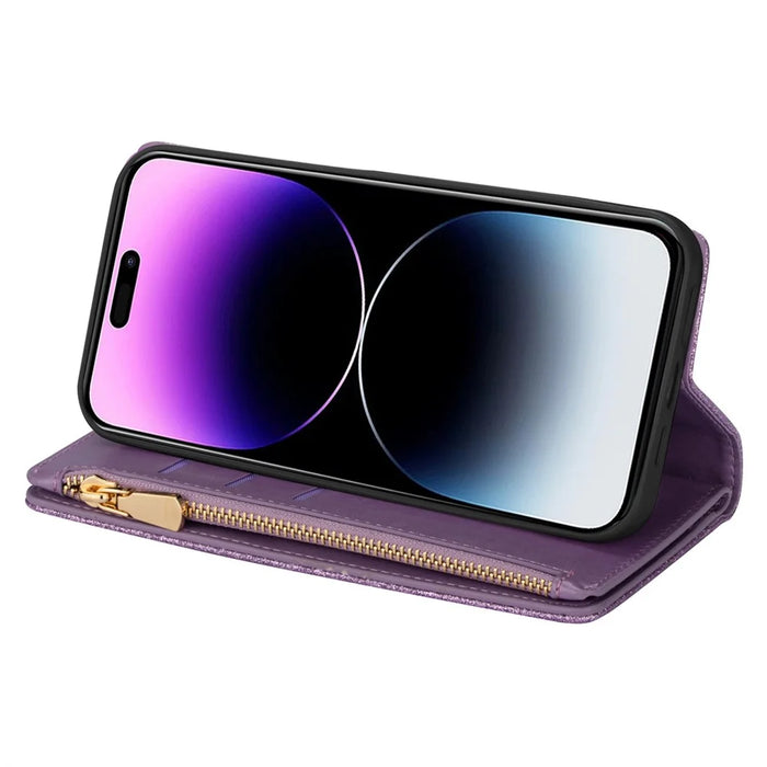 For iPhone 16 Case Starry Sky Carving Leather Wallet Phone Cover - Purple - 2