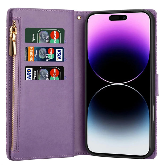 For iPhone 16 Case Starry Sky Carving Leather Wallet Phone Cover - Purple - 3