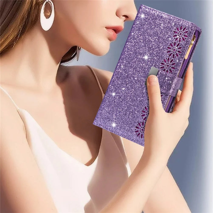 For iPhone 16 Case Starry Sky Carving Leather Wallet Phone Cover - Purple - 6