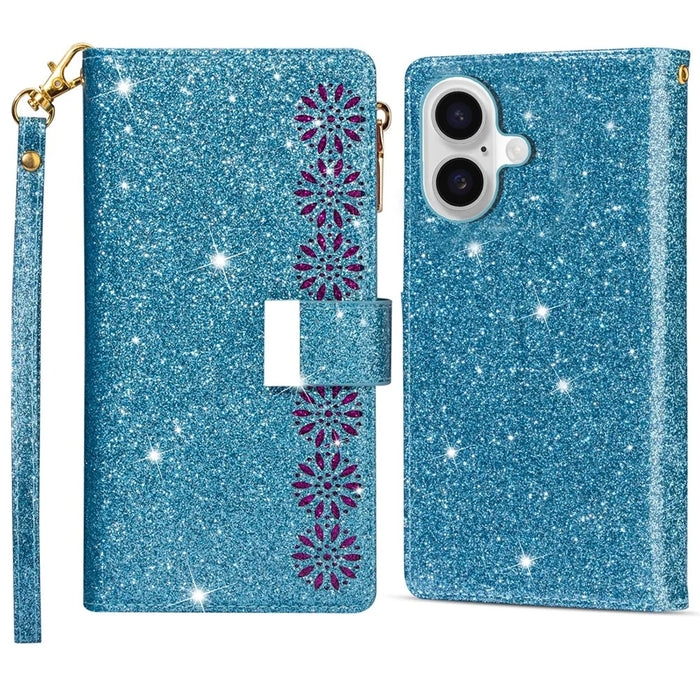 For iPhone 16 Plus Case Starry Sky Carving Leather Wallet Phone Cover - Blue - 1