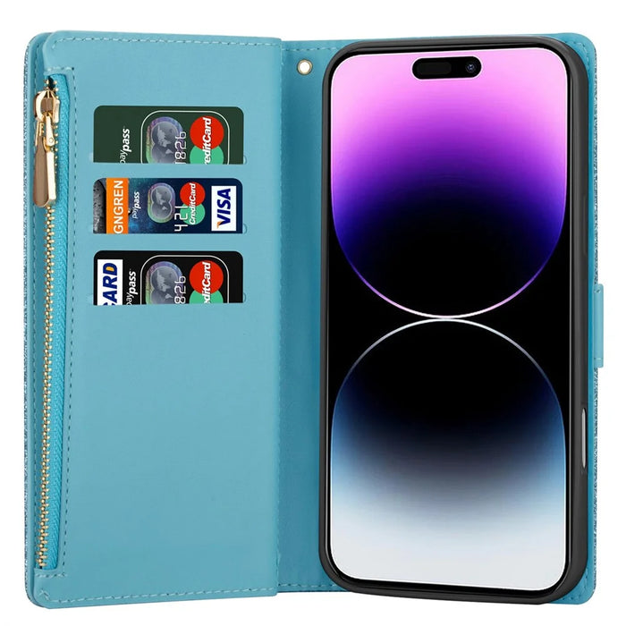 For iPhone 16 Plus Case Starry Sky Carving Leather Wallet Phone Cover - Blue - 3