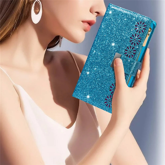 For iPhone 16 Plus Case Starry Sky Carving Leather Wallet Phone Cover - Blue - 6