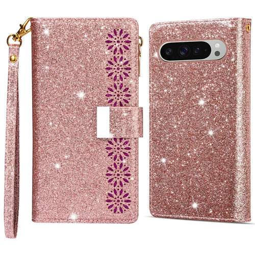 For Google Pixel 9 Pro  /  Pixel 9 Case Starry Sky Carving Leather Wallet Phone Cover - Rose Gold - 1