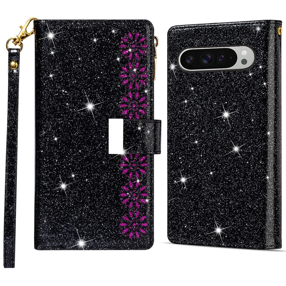 For Google Pixel 9 Pro XL Case Starry Sky Carving Leather Wallet Phone Cover - Black - 1