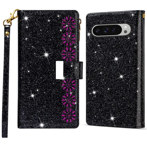 For Google Pixel 9 Pro XL Case Starry Sky Carving Leather Wallet Phone Cover - Black - 1