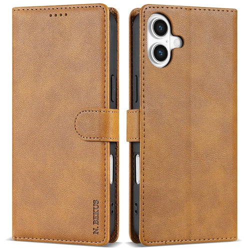 N.BEKUS CSJ-001 For iPhone 16 Stand Case PU Leather Wallet Phone Cover - Brown - 1