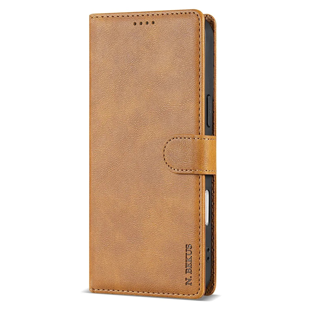 N.BEKUS CSJ-001 For iPhone 16 Stand Case PU Leather Wallet Phone Cover - Brown - 5