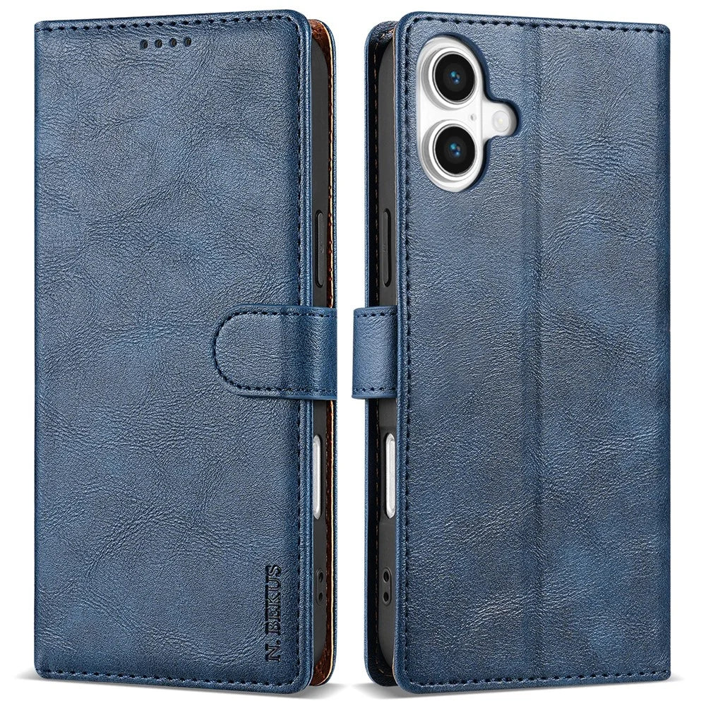 N.BEKUS CSJ-001 For iPhone 16 Plus Stand Case PU Leather Wallet Phone Cover - Blue - 1