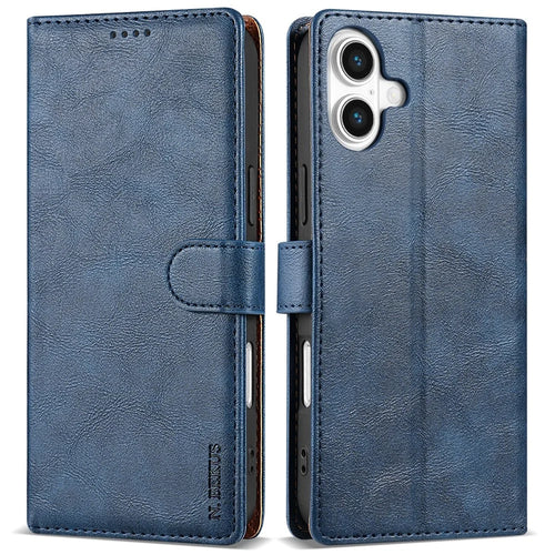 N.BEKUS CSJ-001 For iPhone 16 Plus Stand Case PU Leather Wallet Phone Cover - Blue - 1