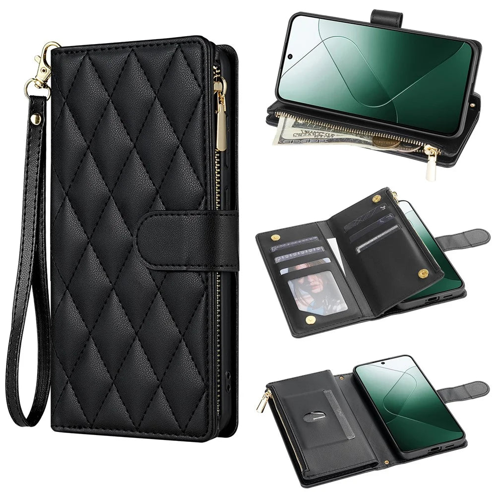 For Google Pixel 9 Pro  /  Pixel 9 Case Rhombus Stitching Leather Wallet Phone Cover with Long  /  Short Strap - Black - 1